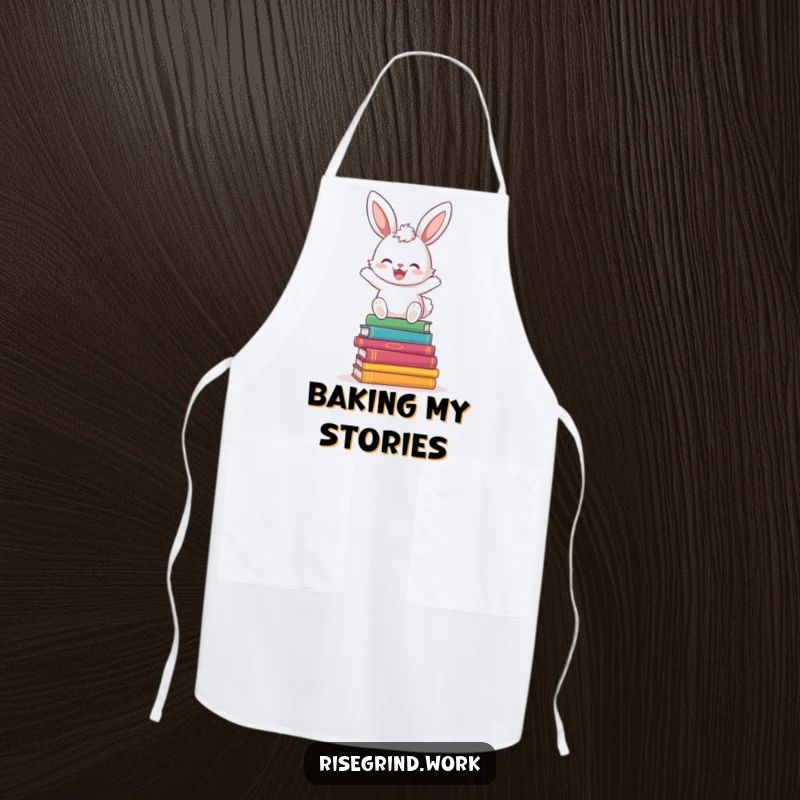 Funny Bunny Book Hopper Apron showing a joyful bunny hopping over colorful books while cooking.