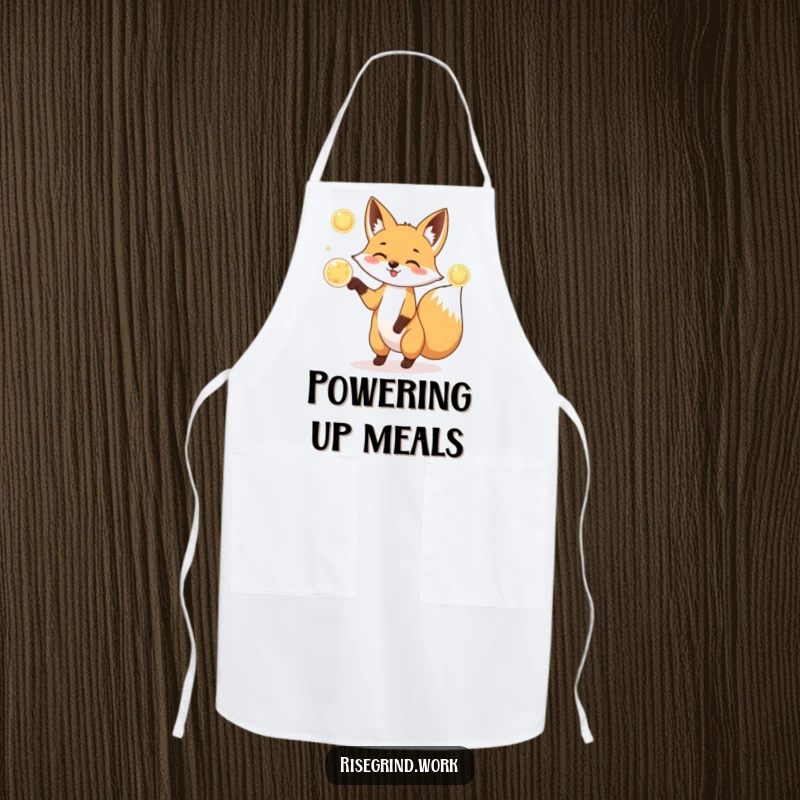 Funny Fox Juggler Apron showing a playful fox juggling three glowing energy orbs while cooking.