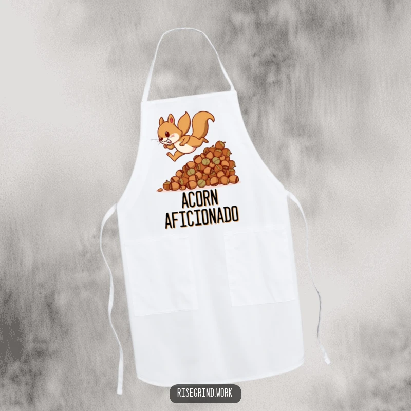 Funny squirrel apron, depicting a determined squirrel scaling a mountain of acorns, perfect for chefs and home cooks.