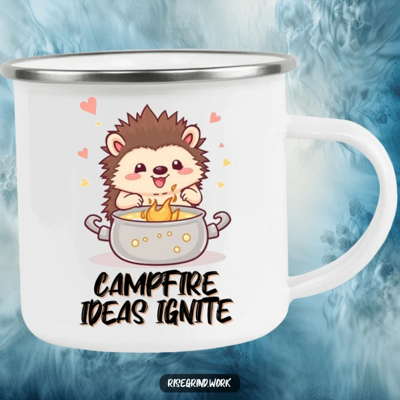 Funny hedgehog camping mug, depicting a happy hedgehog stirring a pot of inspiration, perfect for campers and thinkers.