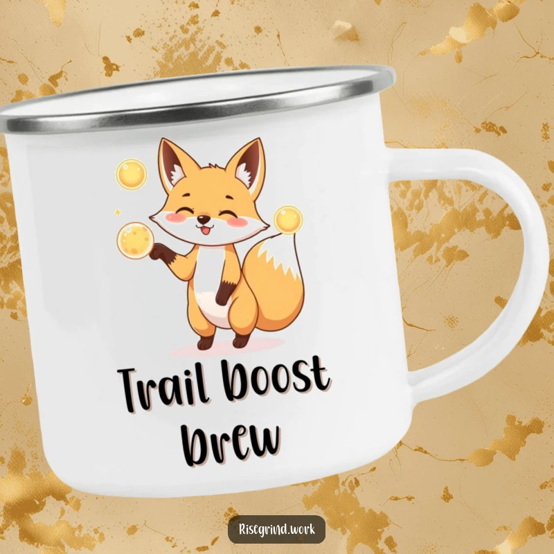 Funny Fox Juggler Camping Mug showing a playful fox juggling three glowing energy orbs outdoors.