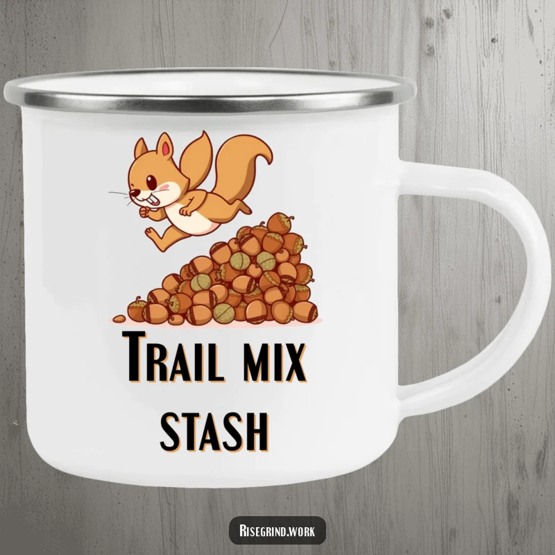 Funny squirrel camping mug, featuring a determined squirrel conquering a vast pile of acorns, ideal for campers and hikers.