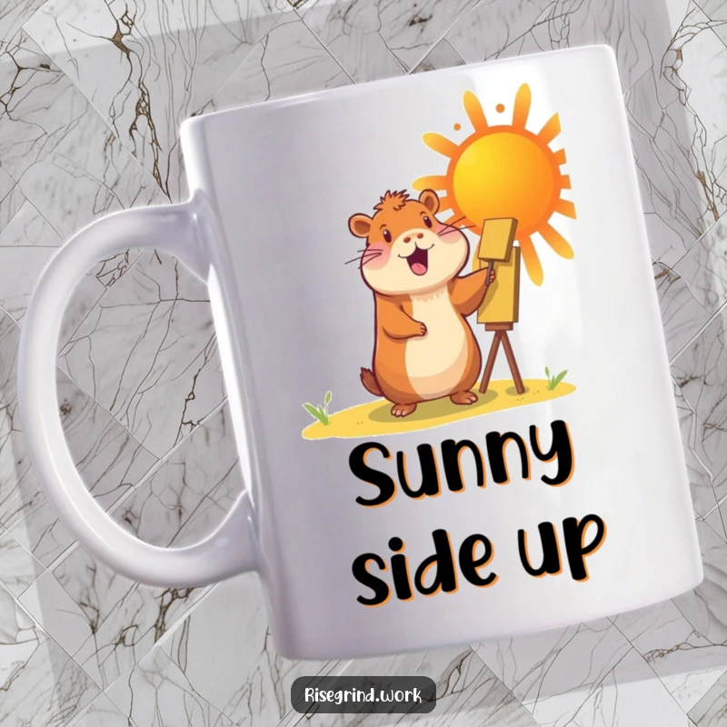 Funny Capybara Sun Painter Mug showing a happy capybara painting a large, bright yellow sun.