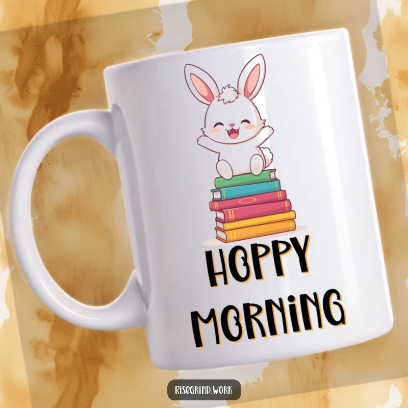 Funny Bunny Book Hopper Mug showing a happy bunny leaping over a pile of colorful books.