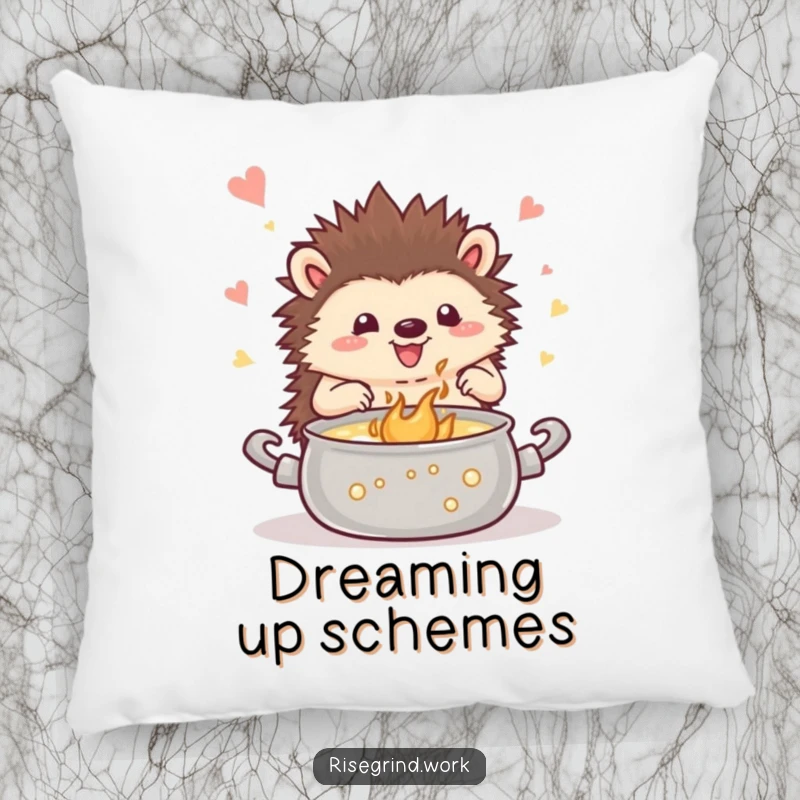 Funny hedgehog pillow, featuring a happy hedgehog stirring a pot of bubbling inspiration, offering comfort and creative vibes.
