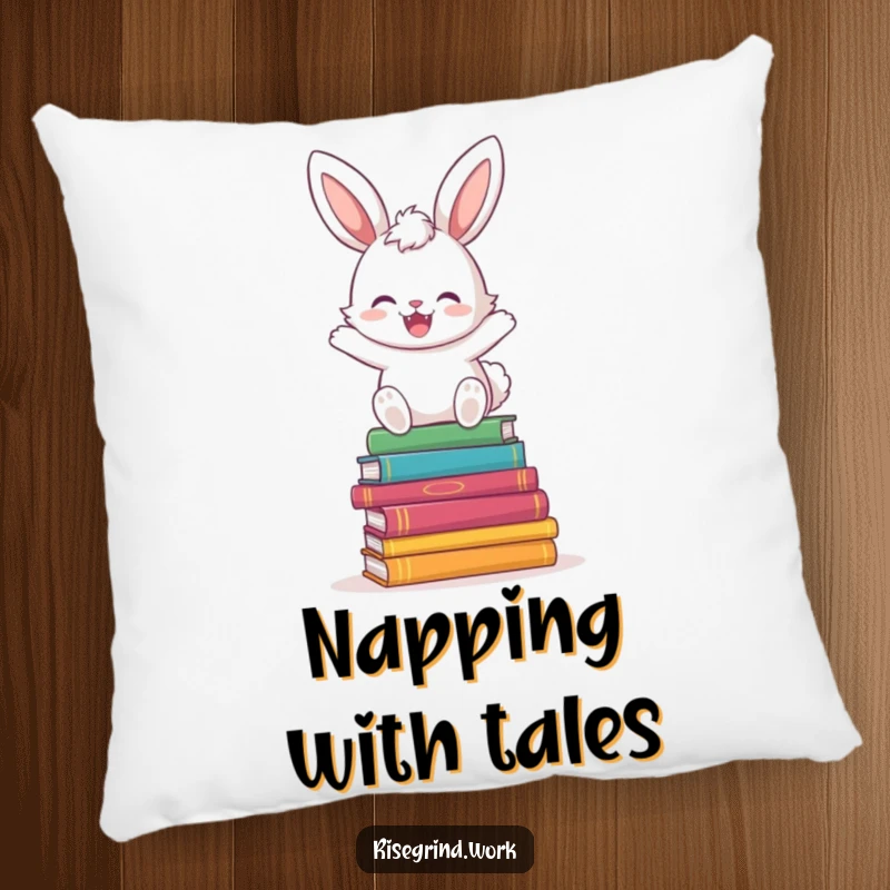 Funny Bunny Book Hopper Pillow with a happy bunny hopping over a stack of colorful books.