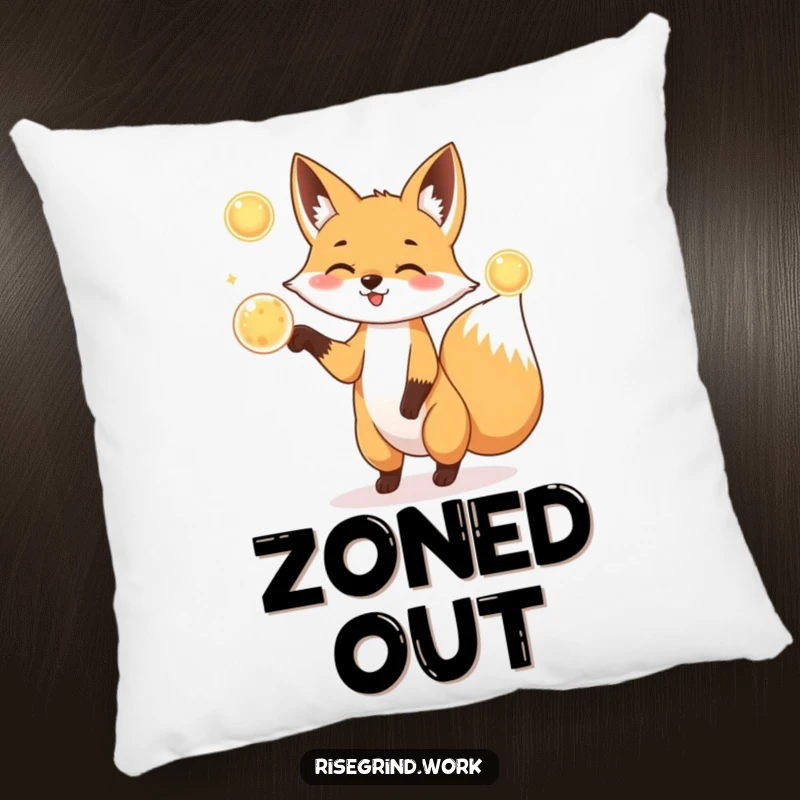 Funny Fox Juggler Pillow with a playful fox juggling three glowing energy orbs.