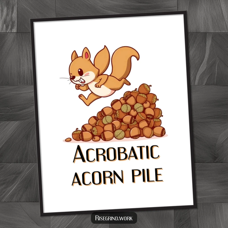 Funny squirrel digital art print, depicting a determined squirrel scaling a huge pile of acorns, inspiring motivation and energy.