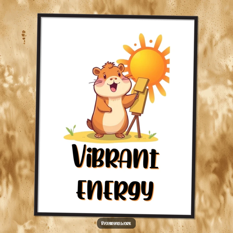 Funny Capybara Sun Painter Digital Art Print of a cheerful capybara painting a vibrant sun.