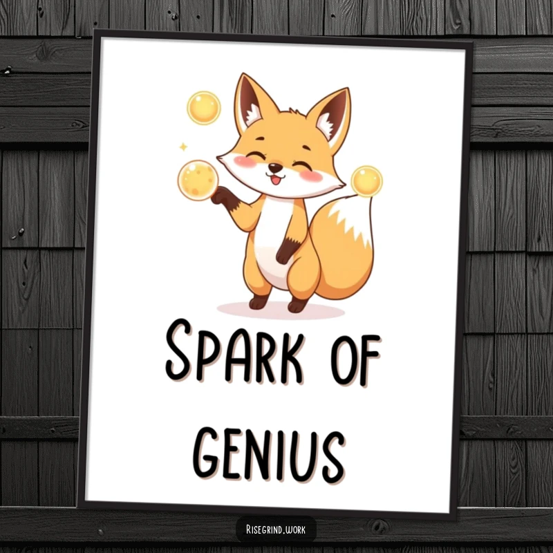 Funny Fox Juggler Digital Art Print of a playful fox juggling three glowing energy orbs.