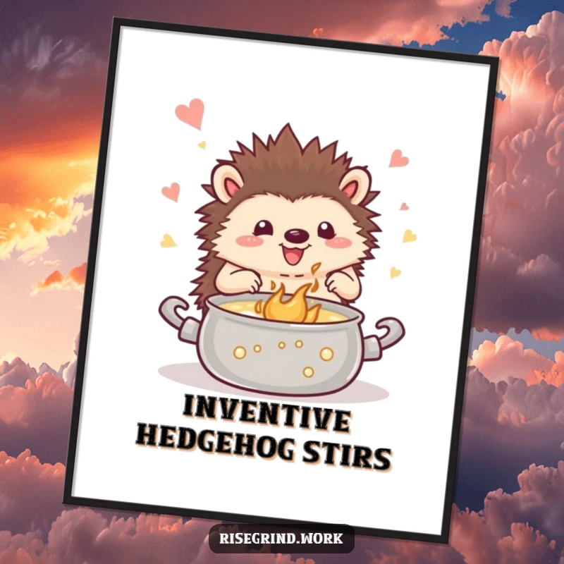 Funny hedgehog digital art print, illustrating a happy hedgehog stirring a bubbling pot of inspiration, perfect for creative spaces.