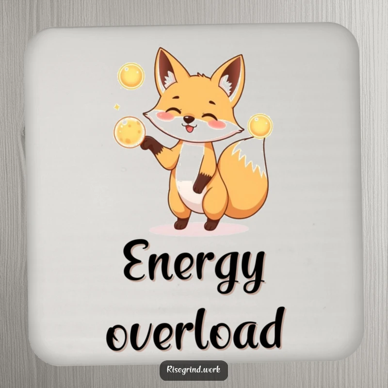 Funny Fox Juggler Drink Coaster with a playful fox juggling three glowing energy orbs.