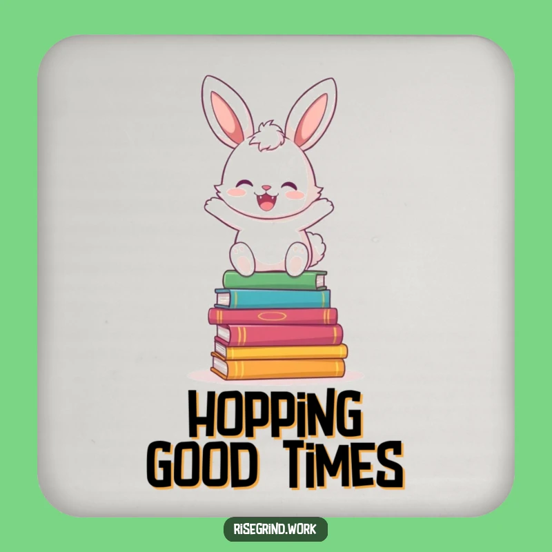 Funny Bunny Book Hopper Drink Coaster: Joyful Hop & Book Protector