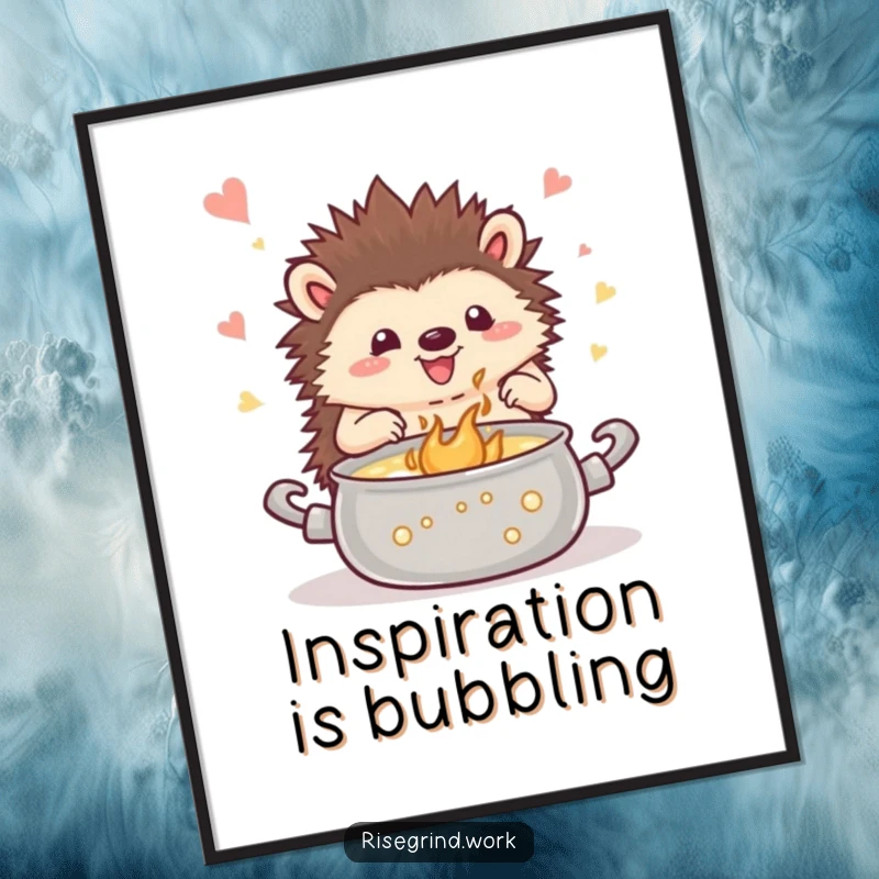 Funny hedgehog poster, illustrating a happy hedgehog stirring a bubbling cauldron of inspiration, ideal for home or studio decor.