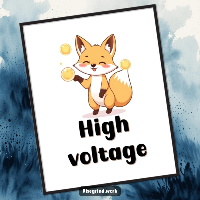 Funny Fox Juggler Poster showing a playful fox juggling three glowing energy orbs.