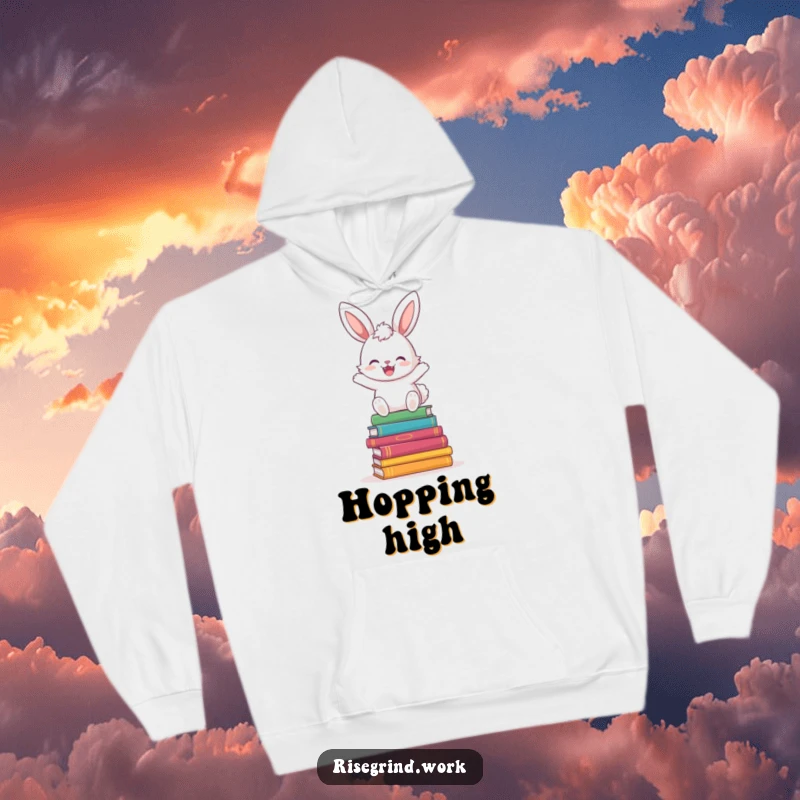 Funny Bunny Book Hopper Hoodie depicting a happy bunny leaping over a pile of colorful books.
