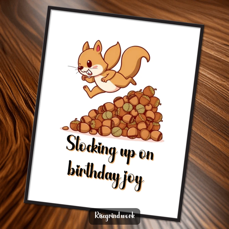 Funny Free Printable Wall Art: Determined squirrel sprinting up a huge stack of acorns with intense focus and energy.
