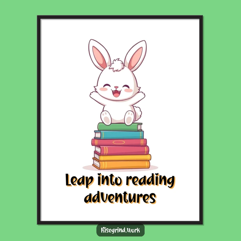 Funny Free Printable Wall Art: Joyful Bunny Hopping Over Books Decor