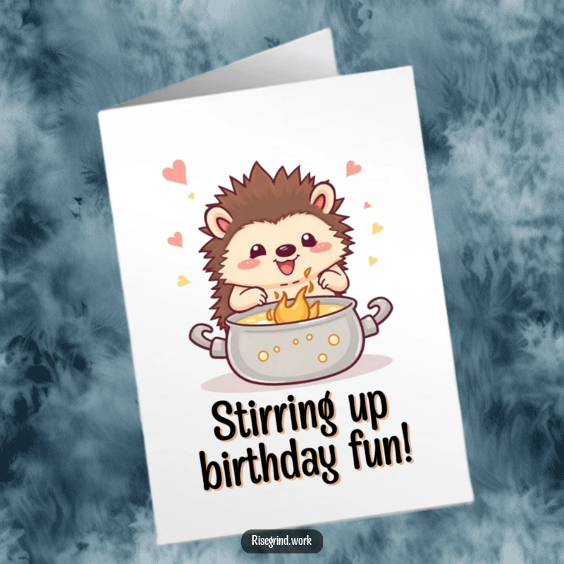 Funny Free Printable Birthday Card: Happy hedgehog joyfully stirring a colorful, bubbling pot of inspiration and birthday magic.