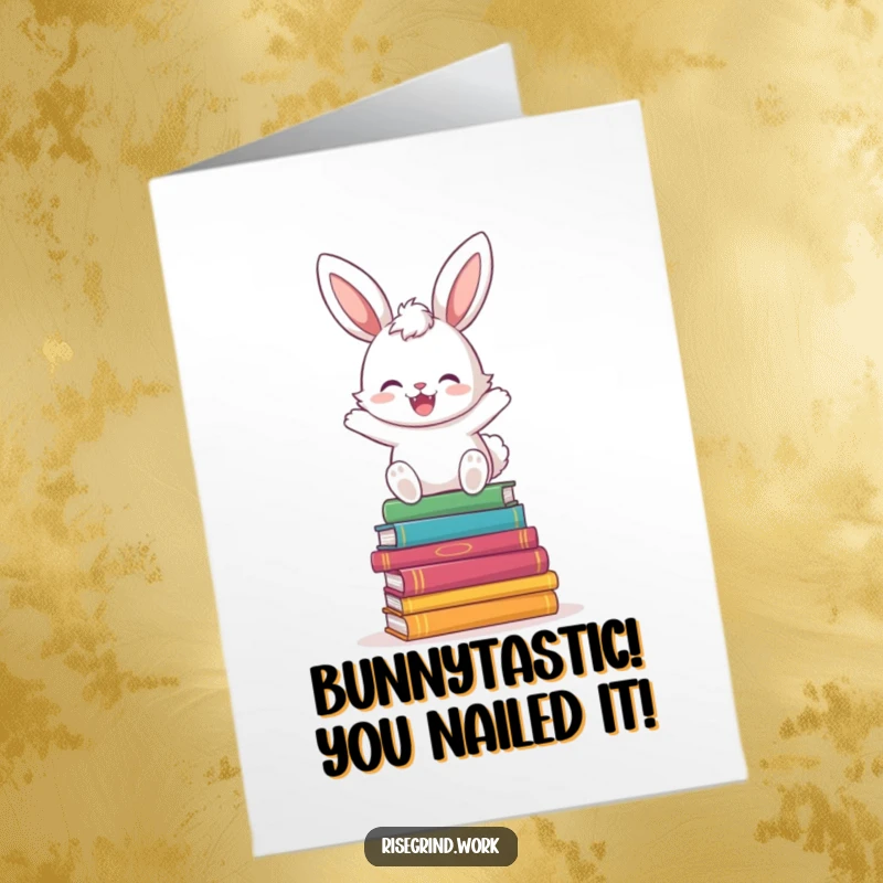 Funny Free Printable Congratulations Card: A cheerful bunny exuberantly hops over a pile of colorful books, symbolizing reaching new heights.