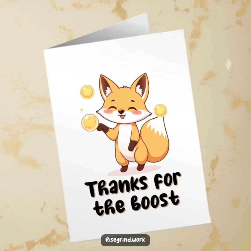 Funny Free Printable Thank You Card: A playful fox expertly juggles three shiny, round energy orbs, conveying dynamic appreciation.