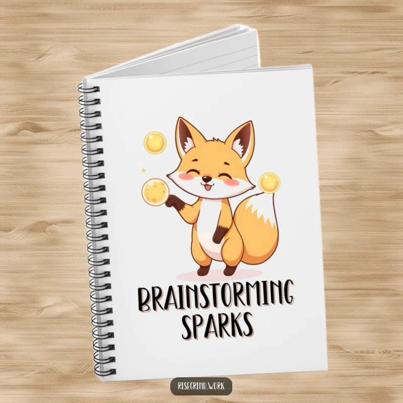 Funny Fox Juggler Notebook with a playful fox juggling three glowing energy orbs.