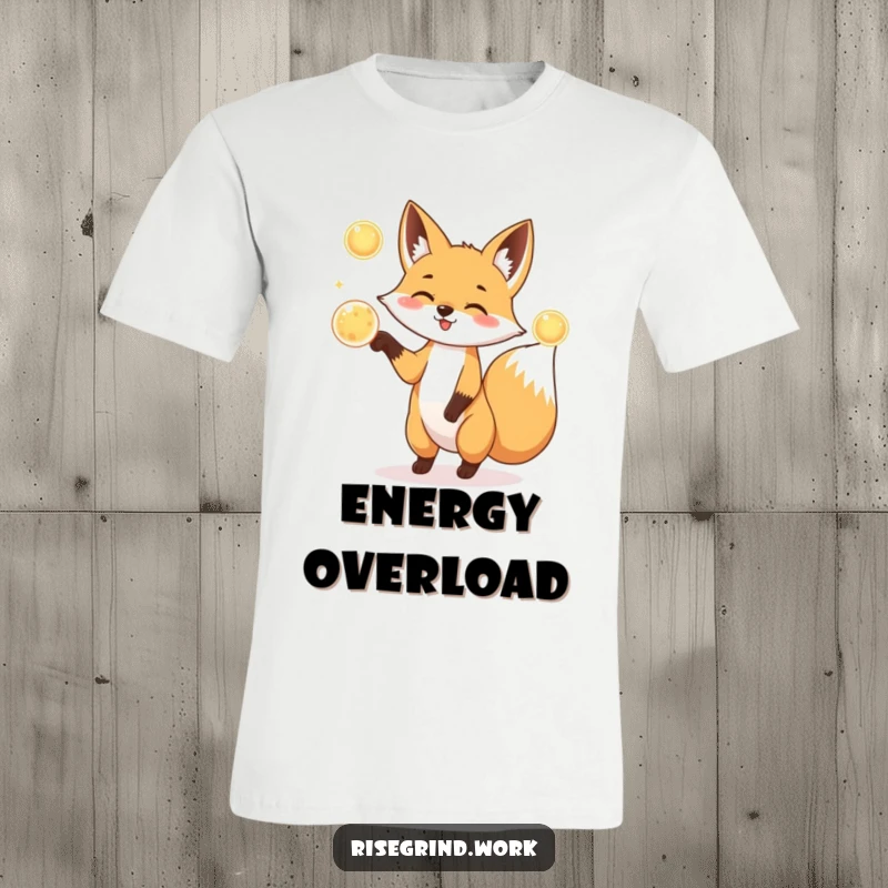 Funny Fox Juggler T-Shirt featuring a playful fox juggling three glowing energy orbs.