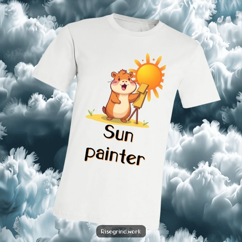 Funny Capybara Sun Painter T-Shirt featuring a cheerful capybara painting a vibrant sun.