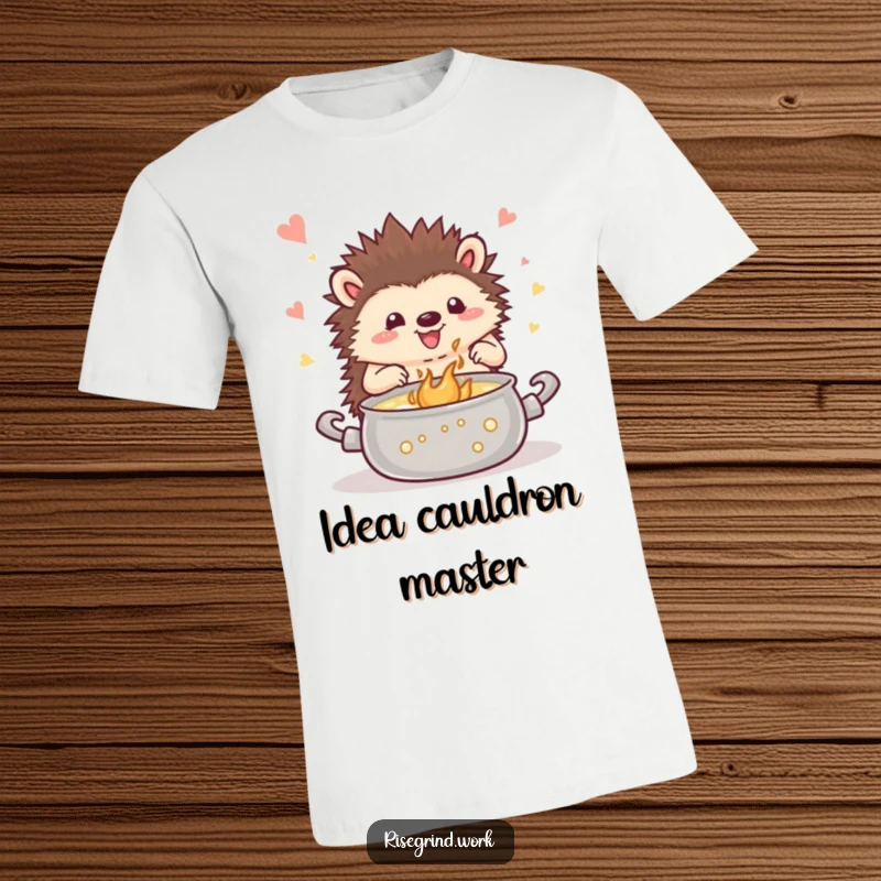 Funny hedgehog t-shirt, enthusiastically stirring a magical, bubbling pot of inspiration, perfect for artists and thinkers.