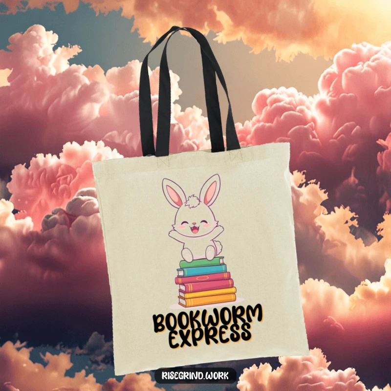 Funny Bunny Book Hopper Tote Bag with a cheerful bunny hopping over a stack of colorful books.