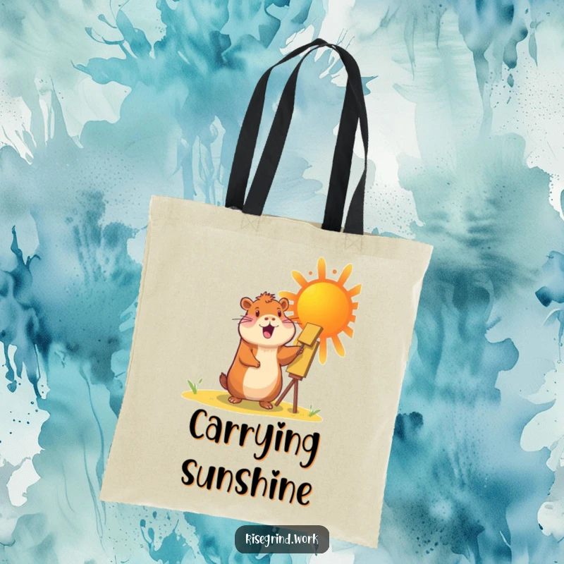 Funny Capybara Sun Painter Tote Bag with a cheerful capybara painting a giant, vibrant sun.
