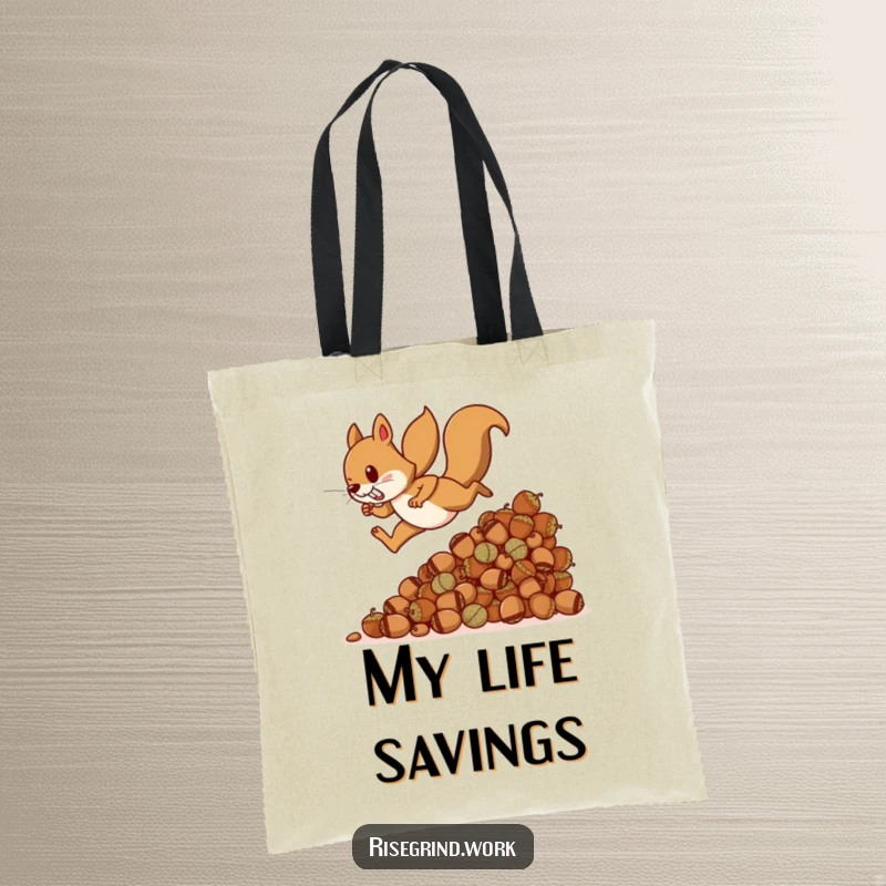 Funny squirrel tote bag, vividly depicting a squirrel racing up a giant mound of acorns, great for shoppers and organizers.